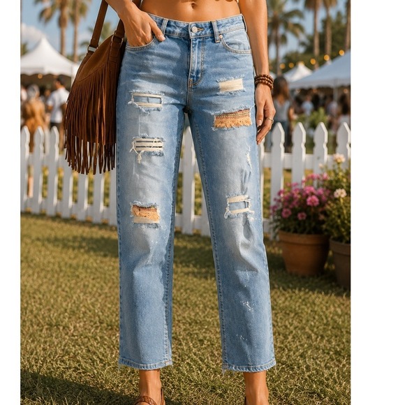 EST. 1946 Denim Denim - EST. 1946 Denim Womens Low Rise Straight Leg Distressed Boho Fringe Jeans Size 8